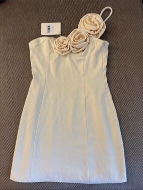 Peppermayo Cream One-Shoulder Mini Dress with Rosette Detail